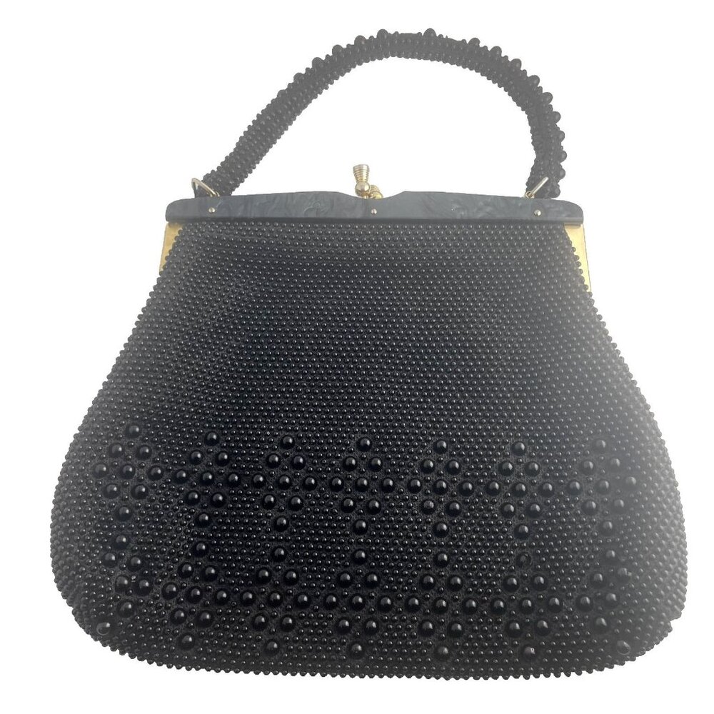 Vintage Black Beaded Evening Handbag Purse Made‎ in Hong Kong 11 x 9 inches